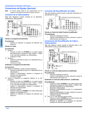 Page 366 z
CONEXIONES DE EQUIPO OPCIONAL
ESPAÑOL
Conexiones de Equipo Opcional
Nota:El control remoto debe de ser programando con los
codigos suministrados para operar equipo opcional.
Conexión de la Videocasetera 
Siga este diagrama cuando conecte en su televisión,
solamente la videocasetera.  
Viendo un programa de televisión
Procedimiento
• Sintonize la televisión al programa de televisión que
desea ver.
Viendo un vídeo
Procedimiento
ˆOpción A
• Presione el botón de TV/VIDEO en el control remoto
para...