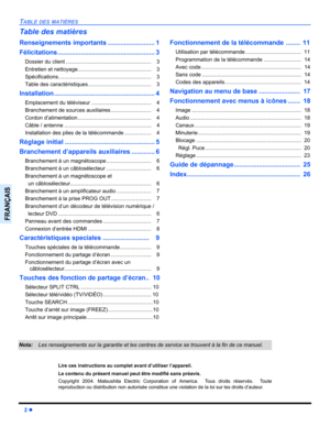 Page 602 z
TABLE DES MATIÈRES
FRANÇAIS
Table des matières
Renseignements importants .......................... 1
Félicitations ...................................................... 3
Dossier du client .........................................................    3
Entretien et nettoyage.................................................    3
Spécifications..............................................................    3
Table des caractéristiques ..........................................    3
Installation...