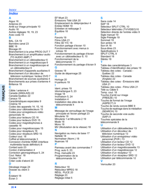 Page 8426 z
INDEX
FRANÇAIS
A
Aigus 18
Antenne 23
Arrêt sur image principale 10
Audio 18
Autres réglages 18, 19, 23
Avec code 14
B
BAL. CA 19
Bannière canal 23
BBE 18
Blocage 20
Branchement à la prise PROG OUT 7
Branchement à un amplificateur audio
(TO AUDIO AMP) 7
Branchement à un câblosélecteur 6
Branchement à un magnétoscope 6
Branchement à un magnétoscope et 
un câblosélecteur 6
Branchement d’appareils auxiliaires 6
Branchement d’un décodeur de 
télévision numérique / lecteur DVD 7
Branchement de sources...