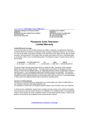 Page 86LIMITED WARRANTY  (FOR MODELS SOLD IN USA ONLY)
PANASONIC CONSUMER ELECTRONICS COMPANY, PANASONIC SALES COMPANY,
DIVISION OF: DIVISION OF:
MATSUSHITA ELECTRIC CORPORATION OF AMERICA MATSUSHITA ELECTRIC OF PUERTO RICO, 
One Panasonic Way INC.,  Ave. 65 de Infanteria, Km. 9.5
Secaucus, New Jersey 07094 San Gabriel Industrial Park
Carolina, Puerto Rico 00985
Panasonic Color Television 
Limited Warranty
Limited Warranty Coverage
If your product does not work properly because of a defect in materials or...