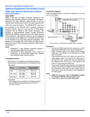 Page 108 z
OPTIONAL EQUIPMENT CONNECTIONS
ENGLISH
Optional Equipment Connections (cont.)
HDMI (High Definition Multimedia Interface) 
input connection
About HDMI
HDMI is the first all digital consumer electronics A/V
interface that supports several uncompressed standards,
enhanced and high definition video formats as well as
existing multi-channel audio format. One jack supports both
video and audio information. The HDMI/HDCP
1 input can
be connected to an EIA/CEA 861
2compliant consumer
electronic device, such...