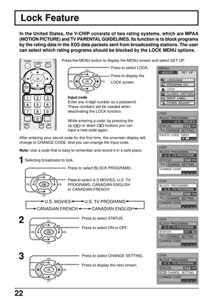 Page 2222
Lock Feature
In the United States, the V-CHIP consists of two rating systems, which are MPAA
(MOTION PICTURE) and TV PARENTAL GUIDELINES. Its function is to block programs
by the rating data in the XDS data packets sent from broadcasting stations. The user
can select which rating programs should be blocked by the LOCK MENU options.
MENUADJUSTSET  UP
LANGUAGE
PROGRAM  CH
LOCK
CLOSED  CAPTION
INPUT  LABEL
OTHER  ADJUST
LOCK
BLOCK  PROGRAMS:
STATUSU. S.  TV PROGRAMS
CHANGE  SETTING
CHANGE CODE
OFF  ON...