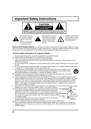 Page 22For assistance, please call : 1-888-VIEW PTV(843-9788)
Important Safety Instructions
This symbol warns the user
that uninsulated voltage within
the unit may have sufficient
magnitude to cause electric
shock.
Therefore, it is dangerous to
make any kind of contact with
any inside part of this unit.This symbol alerts the user that
important literature concerning
the operation and maintenance
of this unit has been included.
Therefore, it should be read
carefully in order to avoid any
problems.The pictorial...