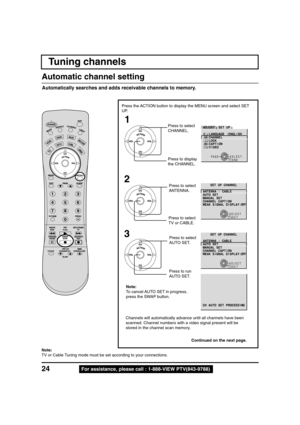 Page 2424For assistance, please call : 1-888-VIEW PTV(843-9788)
Tuning channels
Automatically searches and adds receivable channels to memory.
Press the ACTION button to display the MENU screen and select SET
UP.
Press to select
CHANNEL.
Press to display
the CHANNEL.
Press to select
TV or CABLE.Press to select
ANTENNA.
Press to select
AUTO SET.
Press to run
AUTO SET.
Note:
TV or Cable Tuning mode must be set according to your connections.
1
2
3
PAGE SELECT
ENDRECALL
T S U J D APU T E S
E R U T C I P
O I D U A
E...