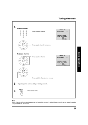 Page 2727
Basic Operation
4
ADDEXITRECALL
T E S L A U N A M
1 0 : L E N N A H C R E T N E
L E N N A H C A E S O O H C
N W O D / P U H C G N I S U
Press to select channel.
Repeat steps 4 to continue adding or deleting channels.Press to add channels to memory.
Press to select channel.
Press to delete channels from memory.
Press to exit menu.
Note:
Some channels with very weak signals may be locked into memory. It desired, these channels can be deleted manually
using the MANUAL SET feature.
5
6
Tuning channels...