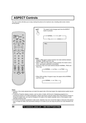 Page 3030For assistance, please call : 1-888-VIEW PTV(843-9788)
ASPECT Controls
The color monitor will allow you to enjoy viewing the picture at its maximum size, including wide screen cinema
format picture.
The aspect mode changes each time the ASPECT
button is pressed.
Notes:
• When a 480p signal is being received, the mode switches between
NORMAL, ZOOM, and FULL only.
• When a 1080i and 720p signal is being received, the mode is set to
FULL, and aspect switching is not possible.
• During PC input, the mode...