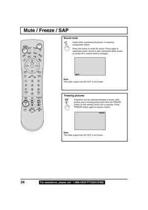 Page 3434For assistance, please call : 1-888-VIEW PTV(843-9788)
Press this button to mute the sound. Press again to
reactivate sound. Sound is also reactivated when power
is turned off or volume level is changed.
Projection can be switched between a frozen (still)
picture and a moving picture each time the FREEZE
button on the remote control unit is pressed. Press
FREEZE button again to resume motion.
Mute / Freeze / SAP
Sound mute
Useful when answering the phone or receiving
unexpected visitors
Freezing...