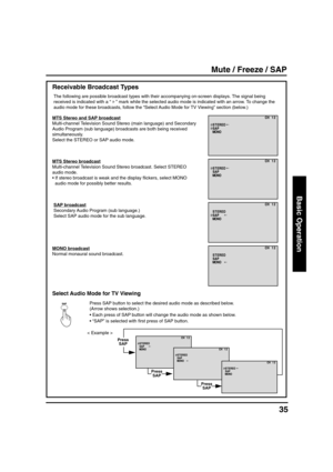 Page 3535
Basic Operation
The following are possible broadcast types with their accompanying on-screen displays. The signal being
received is indicated with a “ 
 ” mark while the selected audio mode is indicated with an arrow. To change the
audio mode for these broadcasts, follow the “Select Audio Mode for TV Viewing” section (below.)
MTS Stereo and SAP broadcast
Multi-channel Television Sound Stereo (main language) and Secondary
Audio Program (sub language) broadcasts are both being received
simultaneously....