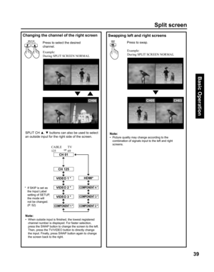 Page 3939
Basic Operation
Swapping left and right screens
Example:
During SPLIT SCREEN NORMAL
&+&+
Changing the channel of the right screen
&+
Press to swap.
Example:
During SPLIT SCREEN NORMAL
Note:
•   When outside input is ﬁ 
nished, the low est reg is tered 
chan nel number is displayed. For fast er selection, 
press the SWAP but ton to change the screen to the left. 
Then, press the TV/VIDEO but ton to directly change 
the input. Finally, press SWAP button again to change 
the screen back to the...