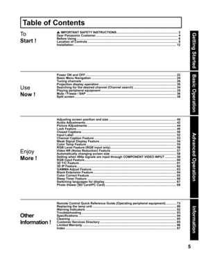 Page 55
Getting Start ed
To
Start !
Use
Now !
Enjoy
More !
Other
Information !
Getting Start ed
Basic Operation
Advanced Op er a tion
Information
 IMPORTANT SAFETY INSTRUCTIONS....................................................................... 2
Dear Panasonic Customer ............................................................................................... 4
Before Using ..................................................................................................................... 6
Location...