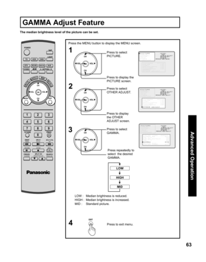 Page 6363
Advanced Op er a tion
GAMMA Adjust Feature
POWER
SAP
LIGHT
MENU
123
456
78
09
EXIT CH
CH VOL VOL
R-TUNE
SWAP
REW
FREEZE
TV/VCRSPLIT CH
DVD/VCR CHSEARCH
OPEN/CLOSE
SPLIT
PLAY
PA U S E S T O P R E CSPLIT CTRLFF
PROG
TV/VIDEOA - ANTENNA - B
TV VCR DVD
DTV RCVR
DBS/CBLAUX
OK
MUTEASPECTBBERECALL
The median brightness level of the picture can be set.
Press the MENU button to display the MENU screen.
31
Press to select 
PICTURE.
Press to display the 
PICTURE screen.
Press to exit menu.
4
2Press to select...