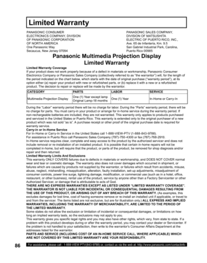 Page 8686For assistance, please call : 1-888-VIEW PTV(843-9788) or, contact us via the web at: http://www.panasonic.com/contactinfo
PANASONIC CONSUMER 
ELECTRONICS COMPANY, DIVISION 
OF PANASONIC CORPORATION 
OF NORTH AMERICA
One Panasonic Way 
Secaucus, New Jersey 07094PANASONIC SALES COMPANY, 
DIVISION OF MATSUSHITA 
ELECTRIC OF PUERTO RICO, INC., 
Ave. 65 de Infantería, Km. 9.5 
San Gabriel Industrial Park, Carolina, 
Puerto Rico 00985
Panasonic Multimedia Projection Display
Limited Warranty
Limited Warranty...