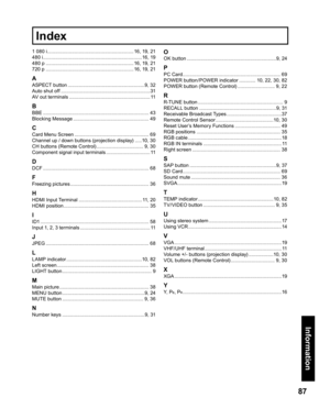 Page 8787
Information
1 080 i............................................................... 16, 19, 21
480 i........................................................................16, 19
480 p ................................................................ 16, 19, 21
720 p ................................................................ 16, 19, 21
A
ASPECT button ........................................................9, 32
Auto shut off .................................................................31
AV...