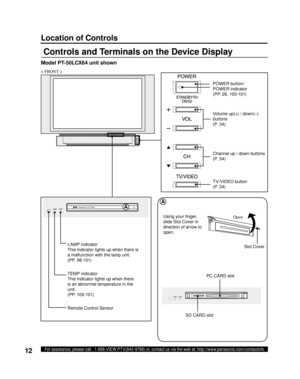 Page 1212For assistance, please call : 1-888-VIEW PTV(843-9788) or, contact us via the web at: http://www.panasonic.com/contactinfo
Controls and Terminals on the Device Display
< FRONT >
  POWER button/
POWER indicator
(PP. 26, 10 0 -101)
  Volume up(+) / down(–) 
buttons
(P. 34)
  Channel up / down buttons
(P. 34)
Location of Controls
Open
A
SD CARD slotPC CARD slot Using your ﬁ nger, 
slide Slot Cover in 
direction of arrow to 
open.
Slot Cover
Model PT-50LCX64 unit shown
TV/ VIDEO button
(P. 34)
  LAMP...