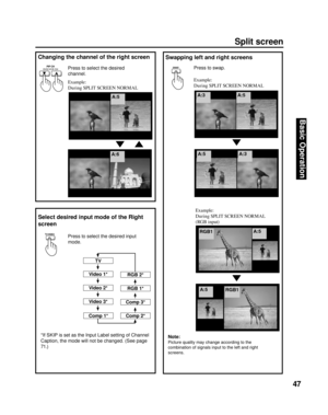 Page 4747
Basic Operation
Swapping left and right screens
Example:
During SPLIT SCREEN NORMAL
A:5 A:3
A:5A:3
Changing the channel of the right screen
A:5
A:6
Press to swap.
Example:
During SPLIT SCREEN NORMALPress to select the desired 
channel.
RGB1A:5
RGB1 A:5
Example:
During SPLIT SCREEN NOR MAL 
(RGB input)
Note:
Picture quality may change according to the 
combination of signals input to the left and right 
screens.
Split screen
SWAPPIP CH
DVD/VCR CH
Select desired input mode of the Right 
screen...