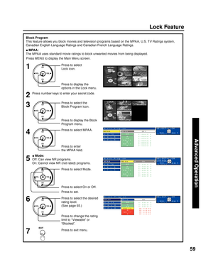 Page 5959
Advanced Op er a tion
Block Program
This feature allows you block movies and television programs based on the MPA A, U.S. TV Ratings system, 
Canadian English Language Ratings and Canadian French Language Ratings.
  ■ MPAA:
The MPA A uses standard movie ratings to block unwanted movies from being displayed.
CH
CH VOL VOL
OK
5 4
Press to select MPA A.CH
CH VOL VOL
OK
Press to enter 
the MPA A ﬁ eld.
Press to select On or Off.
6Press to select the desired 
rating level.
(See page 65.)CH
CH VOL VOL
OK...