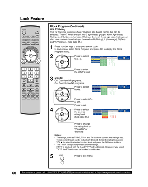 Page 6060For assistance, please call : 1-888-VIEW PTV(843-9788) or, contact us via the web at: http://www.panasonic.com/contactinfo
Lock Feature
U.S. TV Rating
The TV Parental Guidelines has 7 levels of age-based ratings that can be 
selected. These 7 levels are split into 2 age-based groups: Youth Age-based 
Ratings and Guidance Age-based Ratings. Some of these age-based ratings can 
also have content-based ratings, denoted as D (Dialog), L (Language), S (Sex) 
and V (Violence). (See page 65.)
Notes:
•  The...