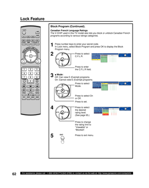 Page 6262For assistance, please call : 1-888-VIEW PTV(843-9788) or, contact us via the web at: http://www.panasonic.com/contactinfo
Lock Feature
Canadian French Language Ratings
The V-CHIP used in this TV model also lets you block or unblock Canadian French 
programs according to various ratings categories.
Block Program (Continued).
Press number keys to enter your secret code.
In Lock menu, select Block Program and press OK to display the Block 
Program menu.1
2
Press to select 
C.F.L.R.CH
CH VOL VOL
OK
Press...