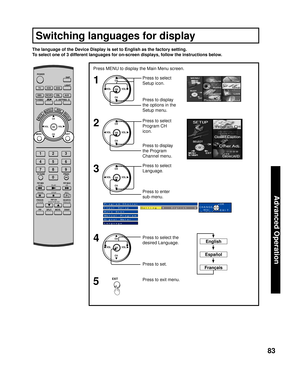 Page 8383
Advanced Op er a tion
Switching languages for display
Press to select 
Language.
Press to enter 
sub-menu.CH
CH VOL VOL
OK
Press to select the 
desired Language.
Press to set.CH
CH VOL VOL
OK
The language of the Device Display is set to English as the factory setting. 
To select one of 3 different languages for on-screen displays, follow the instructions below.
3
4
CH
CH VOL VOL
OK
Press MENU to display the Main Menu screen.
Press to select 
Setup icon.
Press to display 
the options in the 
Setup...