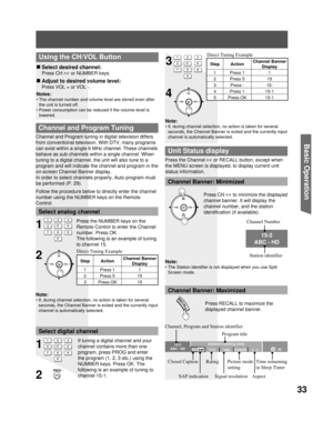 Page 3333
Basic Operation
CH
CH VOL VOL
OK
Channel and Program tuning in digital television differs 
from conventional television. With  DTV, many programs 
can exist within a single 6 MHz channel. These channels 
behave as sub-channels within a single channel. When 
tuning to a digital channel, the unit will also tune to a 
program and will indicate the channel and program in the 
on-screen Channel Banner display.
In order to select channels properly, Auto program must 
be performed (P. 29).
Follow the...