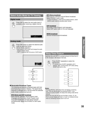 Page 3535
Basic Operation
Press SAP to select the next audio track (if 
available) when receiving a digital channel. 
Digital mode
Select Audio Mode for TV Viewing
Audio track 1 of 1
(English)
Analog mode
Press  SAP button to select the desired audio 
mode as described below.
(Arrow shows selection.)
• Each press of SAP button will change the audio 
mode as shown below.
• “SAP” is selected with first press of SAP button.
SAP
SAP
STEREO
SAP
MONO
STEREO
SAP
MONO
  Sleep Timer Feature
SLEEPPress SLEEP repeatedly...