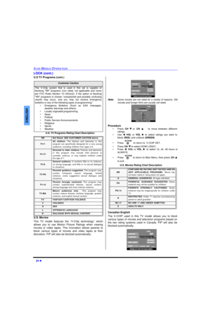 Page 2624 lICON MENUS OPERATIONENGLISHLOCK (cont.)
U.S TV Programs (cont.)
U.S. TV Programs Rating Chart Description
 
U.S. Movies
This TV model features the “V-Chip technology” which
allows you to use Motion Picture Ratings when viewing
movies or video tapes. This innovation allows parents to
block various types of movies and video tapes at their
discretion. PIP will also be blocked automatically. 
Note:Some movies are not rated for a variety of reasons. Old
movies and foreign films are usually not rated....