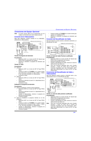 Page 39CONEXIONES DE EQUIPO OPCIONAL5 lESPAÑOLConexiones de Equipo Opcional
Nota:El control remoto debe de ser programando con los
codigos suministrados para operar equipo opcional.
Conexión de la Videocasetera 
Siga este diagrama cuando conecte en su televisión,
solamente la videocasetera.  
Viendo un programa de televisión
Procedimiento
•Seleccione ANT1 en el menú de SET UP (Ajuste) bajo
PROG CNLS (Programación de canales).
•Sintonize la televisión al programa de televisión que
desea ver.
Viendo un vídeo...