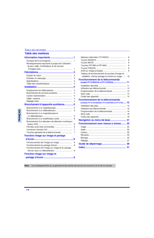Page 682 lTABLE DES MATIÈRESFRANÇAISTable des matières
Information importante...................................1
À propos de le convergence.......................................   1
Renseignements importants à propos de l’utilisation
de jeux vidéo, d’ordinateurs et de sources 
d’images fixes..........................................................   1
Félicitations......................................................3
Dossier du client.........................................................   3
Entretien...