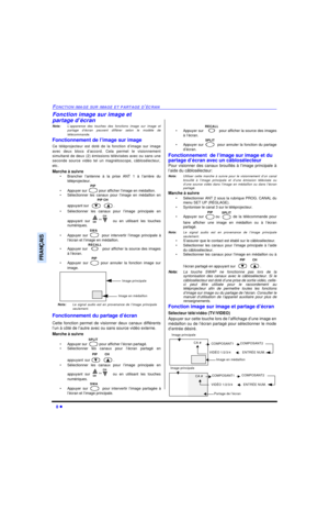 Page 748 lFONCTION IMAGE SUR IMAGE ET PARTAGE D’ÉCRANFRANÇAISFonction image sur image et 
partage d’écran
Nota:L’apparence des touches des fonctions image sur image et
partage d’écran peuvent différer selon le modèle de
télécommande.
Fonctionnement de l’image sur image
Ce téléprojecteur est doté de la fonction d’image sur image
avec deux blocs d’accord. Cela permet le visionnement
simultané de deux (2) émissions télévisées avec ou sans une
seconde source vidéo tel un magnétoscope, câblosélecteur,
etc.
Marche à...