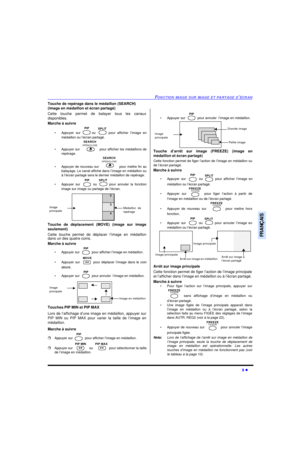 Page 75FONCTION IMAGE SUR IMAGE ET PARTAGE D’ÉCRAN9 lFRANÇAISTouche de repérage dans le médaillon (SEARCH)
(image en médaillon et écran partagé) 
Cette touche permet de balayer tous les canaux
disponibles.
Marche à suivre
•Appuyer sur  ou  pour afficher l’image en
médaillon ou l’écran partagé.
•Appuyer sur  pour afficher les médaillons de
repérage.
•Appuyer de nouveau sur  pour mettre fin au
balayage. Le canal affiché dans l’image en médaillon ou
à l’écran partagé sera le dernier médaillon de repérage.
•Appuyer...
