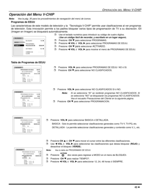 Page 101OPERACIÓN DEL MENU V-CHIP
43 l
Operación del Menu V-CHIP 
Nota:Vea la pág. 30 para los procedimientos de navegación del menú de iconos.
Programas de EEUU
Las características de este modelo de televisión y la  “Tecnología V-CHIP” permite usar clasificaciones al ver programas
de televisión. Esta innovación permite a los padres bloquear varios tipos de programación de TV a su discreción. IDI
(Imagen en Imagen) se bloqueará automáticamente. 
Tabla de Programas de EEUU
 
 
 
rUse el teclado numérico para...