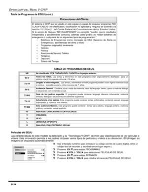 Page 10244 l
OPERACIÓN DEL MENU V-CHIP
Tabla de Programas de EEUU (cont.) 
  
Peliculas de EEUU
Las características de este modelo de televisión y la  “Tecnología V-CHIP” permite usar clasificaciones al ver películas o
vídeos. Esta innovación permite a los padres bloquear varios tipos de películas y vídeos a su discreción. IDI (Imagen en
Imagen) se bloqueará automáticamente.   
Precauciones del Cliente
El sistema V-CHIP que es usado en este equipo es capaz de bloquear programas “NO
CLASIFICADOS” (no...