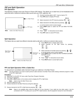 Page 15PIP AND SPLIT OPERATION
13 l
PIP and Split Operation 
PIP Operation
This television includes a two-tuner Picture In Picture (PIP) feature. This allows you to watch two (2) live broadcasts at the
same time with or without an external video source such as a VCR, cable box, etc.
  
Split Operation 
This feature lets you watch two different channels side by side with or without an external video source. 
PIP and Split Operation With a Cable Box 
To view premium (scrambled) cable channels through your cable...