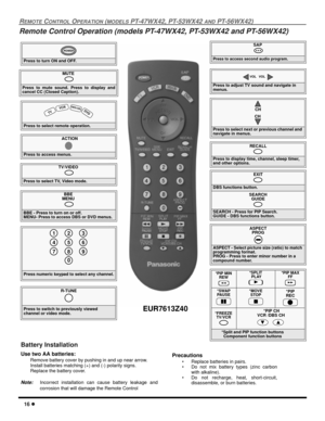 Page 1816 l
REMOTE CONTROL OPERATION (MODELS PT-47WX42, PT-53WX42 AND PT-56WX42)
Remote Control Operation (models PT-47WX42, PT-53WX42 and PT-56WX42) 
               
Press to turn ON and OFF.
POWER
MUTE
 
Press to mute sound. Press to display and
cancel CC (Closed Caption).
SAP
 
Press to access second audio program.
TV/VIDEO
 
Press to select TV, Video mode.
Press to select remote operation.
  TV 
V
CRDBS
/
CBL DV
D
ACTION
Press to access menus.
Press to select next or previous channel and 
navigate in...