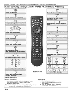 Page 2422 l
REMOTE CONTROL OPERATION (MODELS PT-47WX52, PT-53WX52 AND PT-56WX52)
Remote Control Operation (models PT-47WX52, PT-53WX52 and PT-56WX52)
               
Press to turn ON and OFF.
POWER
MUTE
Press to mute sound. Press to display and
cancel CC (Closed Caption).
SAP
 
Press to access second audio program.
TV/VIDEO
Press to select TV or input modes.
Press to select remote operation.
 VC
R
 DV
D
   
T
V
 C
BL D
BS
 
AU
X RCV
R
 D
TV
ACTION
Press to access menus.
Press to select next or previous channel...