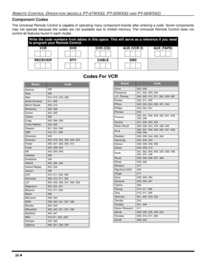 Page 2826 l
REMOTE CONTROL OPERATION (MODELS PT-47WX52, PT-53WX52 AND PT-56WX52)
Component Codes
The Universal Remote Control is capable of operating many component brands after entering a code. Some components
may not operate because the codes are not available due to limited memory. The Universal Remote Control does not
control all features found in each model. 
 
    
Write the code numbers from tables in this space. This will serve as a reference if you need
to program your Remote Control.
VCR
 DVD DVD (CD)...