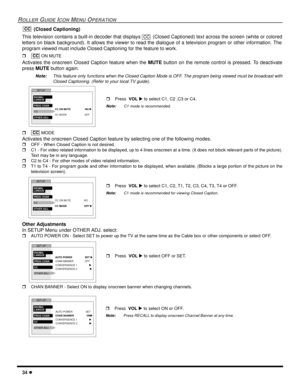 Page 3634 l
ROLLER GUIDE ICON MENU OPERATION
 (Closed Captioning)
This television contains a built-in decoder that displays   (Closed Captioned) text across the screen (white or colored
letters on black background). It allows the viewer to read the dialogue of a television program or other information. The
program viewed must include Closed Captioning for the feature to work.
r ON MUTE
Activates the onscreen Closed Caption feature when the MUTE button on the remote control is pressed. To deactivate
press MUTE...