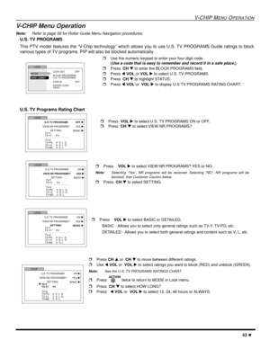 Page 45V-CHIP MENU OPERATION
43 l
V-CHIP Menu Operation
Note:Refer to page 30 for Roller Guide Menu Navigation procedures. 
U.S. TV PROGRAMS
This PTV model features the “V-Chip technology” which allows you to use U.S. TV PROGRAMS Guide ratings to block
various types of TV programs. PIP will also be blocked automatically.
 
U.S. TV Programs Rating Chart 
 
 
rUse the numeric keypad to enter your four digit code. 
(
Use a code that is easy to remember and record it in a safe place.)
rPress  CHq to enter the BLOCK...