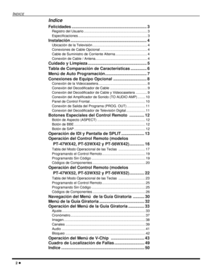 Page 602 l
INDICE
Indice
Felicidades ................................................................. 3
Registro del Usuario .................................................................. 3
Especificaciones ........................................................................ 3
Instalación .................................................................. 4
Ubicación de la Televisión ......................................................... 4
Conexiones de Cable Opcional...