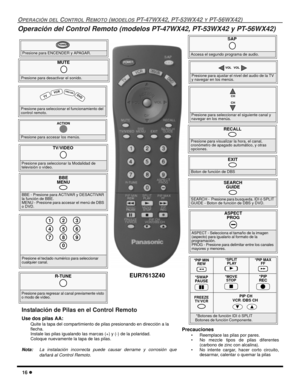 Page 7416 l
OPERACIÓN DEL CONTROL REMOTO (MODELOS PT-47WX42, PT-53WX42 Y PT-56WX42)
Operación del Control Remoto (modelos PT-47WX42, PT-53WX42 y PT-56WX42)
                 
Presione para ENCENDER y APAGAR.
POWER
MUTE 
Presione para desactivar el sonido.
SAP 
Accesa el segundo programa de audio.
TV/VIDEO 
Presione para seleccionar la Modalidad de 
televisión o vídeo.
Presione para seleccionar el funcionamiento del 
control remoto.
 
 T
V V
CRD
B
S/C
BL D
V
D
 
Presione para accesar los menús.
ACTION
Presione...