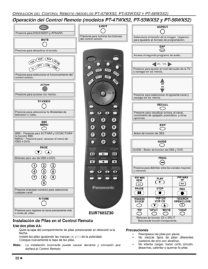 Page 8022 l
OPERACIÓN DEL CONTROL REMOTO (MODELOS PT-47WX52, PT-53WX52 Y PT-56WX52)
Operación del Control Remoto (modelos PT-47WX52, PT-53WX52 y PT-56WX52)
                 
Presione para ENCENDER y APAGAR.
POWER
MUTE 
Presione para desactivar el sonido.
SAP
Accesa el segundo programa de audio.
TV/VIDEO 
Presione para seleccionar la Modalidad de 
televisión o vídeo.
Presione para seleccionar el funcionamiento del 
control remoto.
 VC
R
 
DV
D
   
TV
 C
BL DB
S
 
A
UX RC
V
R
 D
TV
 Presione para accesar los...