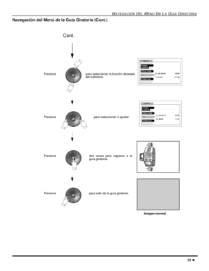 Page 89NAVEGACIÓN DEL MENÚ De LA GUIA GIRATORIA
31 l
Navegación del Menú de la Guia Giratoria (Cont.)
para seleccionar la función deseada
del submenú.
Presionepara seleccionar ó ajustar. 
Presione dos veces para regresar a la
guía giratoria.
Presione para salir de la guía giratoria. 
Cont. 
Imágen normal
CCSETUP
CC ON MUTE
CC MODE IDIOMA/
LANGUE
PROG CHAN
OTHER ADJ.
NO u
OFF u
CCSETUP
CC ON MUTE
CC MODE IDIOMA/
LANGUE
PROG CHAN
OTHER ADJ.
NO u
C1 u
Presione 