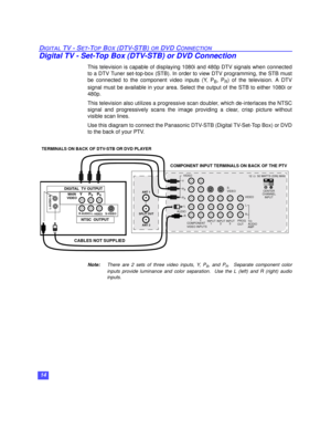 Page 1514
DIGITAL TV - SET-TOP BOX (DTV-STB) OR DVD CONNECTION
Digital TV - Set-Top Box (DTV-STB) or DVD Connection
This television is capable of displaying 1080i and 480p DTV signals when connected
to a DTV Tuner set-top-box (STB). In order to view DTV programming, the STB must
be connected to the component video inputs (Y, P
B, PR) of the television. A DTV
signal must be available in your area. Select the output of the STB to either 1080i or
480p.
This television also utilizes a progressive scan doubler,...