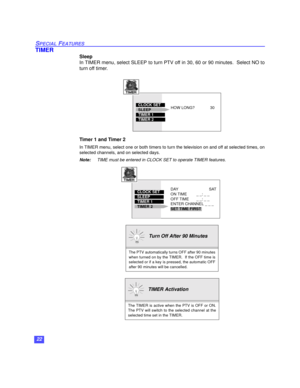 Page 2322
SPECIAL FEATURES
TIMER
Sleep 
In TIMER menu, select SLEEP to turn PTV off in 30, 60 or 90 minutes.  Select NO to
turn off timer.
  
Timer 1 and Timer 2
In TIMER menu, select one or both timers to turn the television on and off at selected times, on
selected channels, and on selected days.
Note:TIME must be entered in CLOCK SET to operate TIMER features. 
  Turn Off After 90 Minutes
The PTV automatically turns OFF after 90 minutes
when turned on by the TIMER.  If the OFF time is
selected or if a key is...