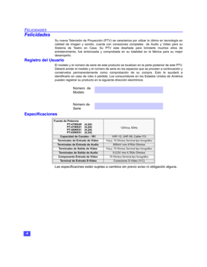 Page 344
FELICIDADES
Felicidades
Su nueva Televisión de Proyección (PTV) se caracteriza por utilzar lo último en tecnología en
calidad de imagen y sonido, cuenta con conexiones completas  de Audio y Video para su
Sistema de Teatro en Casa. Su PTV esta diseñada para brindarle muchos años de
entretenimiento, fué sintonizada y comprobada en su totalidad en la fábrica para su mejor
desempeño.
Registro del Usuario
El modelo y el número de serie de este producto se localizan en la parte posterior de este PTV.
Deberá...