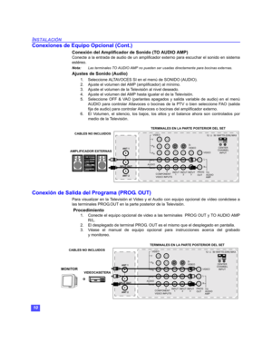 Page 4010
INSTALACIÓN
Conexiones de Equipo Opcional (Cont.)
Conexión del Amplificador de Sonido (TO AUDIO AMP)
Conecte a la entrada de audio de un amplificador externo para escuchar el sonido en sistema
estéreo.
Nota:Las terminales TO AUDIO AMP no pueden ser usadas directamente para bocinas externas.
Ajustes de Sonido (Audio)
1. Seleccione ALTAVOCES SI en el menú de SONIDO (AUDIO).
2. Ajuste el volumen del AMP (amplificador) al mínimo.
3. Ajuste el volumen de la Televisión al nivel deseado.
4. Ajuste el volumen...