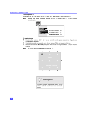 Page 5222
FUNCIONES ESPECIALES
Convergencia 2
En el menu de SET UP bajo la opción OTHER ADJ. seleccione CONVERGENCIA 2. 
Nota:Realice este ajuste solamente después de que CONVERGENCIA 1 a sido ajustada
correctamente.  
 
Procedimiento
Presione los botones del 1 al 9 en el control remoto para seleccionar el punto de
convergencia deseado.
Use los botones de navegación para alinear la cruz ROJA con el patrón blanco.
Presione el botón de ACTION para pasar al ajuste de covergencia AZUL y repita el paso
anterior....