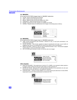 Page 5424
FUNCIONES ESPECIALES
IMAGEN
AJ. IMAGEN1
En el menú de PICTURE (Imagen) bajo AJ. IMAGEN1 seleccione:
COLOR - Ajusta la intensidad del color deseada.
TINTE - Ajusta los tonos naturales de la piel.
BRILLO - Ajusta las áreas oscuras para detalles más  nítidos.
CONTRASTE - Ajusta las áreas blancas de la imagen.
NITIDEZ- Ajusta para dar mejor claridad a los detalles de la silueta.
NORMAL- Reajusta todas las modificaciones de la imagen a los predispuestos de fábrica. 
 
AJ. IMAGEN2
En el menú de...