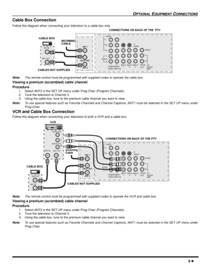 Page 11OPTIONAL EQUIPMENT CONNECTIONS
9 l
Cable Box Connection 
Follow this diagram when connecting your television to a cable box only.
Note:The remote control must be programmed with supplied codes to operate the cable box.
Viewing a premium (scrambled) cable channel
Procedure
1. Select ANT2 in the SET UP menu under Prog Chan (Program Channels).
2. Tune the television to Channel 3.
3. Using the cable box, tune to the premium cable channel you want to view.
Note:To use special features such as Favorite...