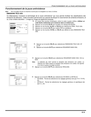 Page 101FONCTIONNEMENT DE LA PUCE ANTIVIOLENCE
43 l
Fonctionnement de la puce antiviolence
Nota:Voir à la page 30 pour la marche à suivre pour la navigation au menu à icônes. 
ÉMISSIONS TÉLÉ USA
Ce téléprojecteur incorpore la technologie de la “puce antiviolence” qui vous permet dutiliser les classifications des
émissions de télévision.  Cette innovation permet ainsi aux parents de bloquer le visionnement de certaines émissions, et
ce, à leur entière discrétion.  Limage sur image est également bloquée....